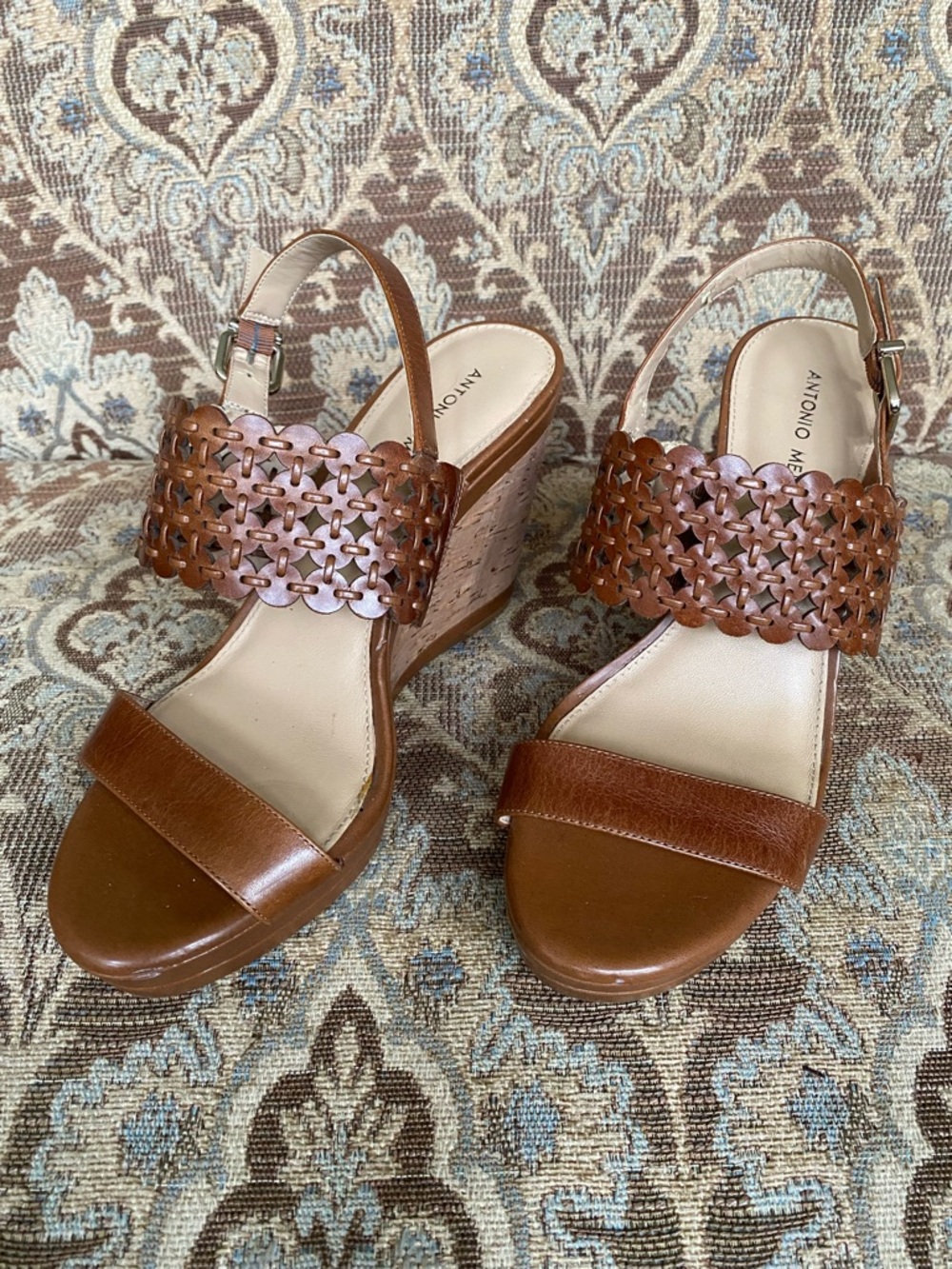 Antonio Melani Women Brown Leather Strappy Wedge Sandal Buckle Sz 10M Preowned